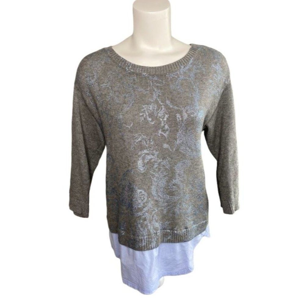 CHICOS Gray Blue Layered Look Fleur De‎ Lis Cotton Sweater sz 1 Medium 8